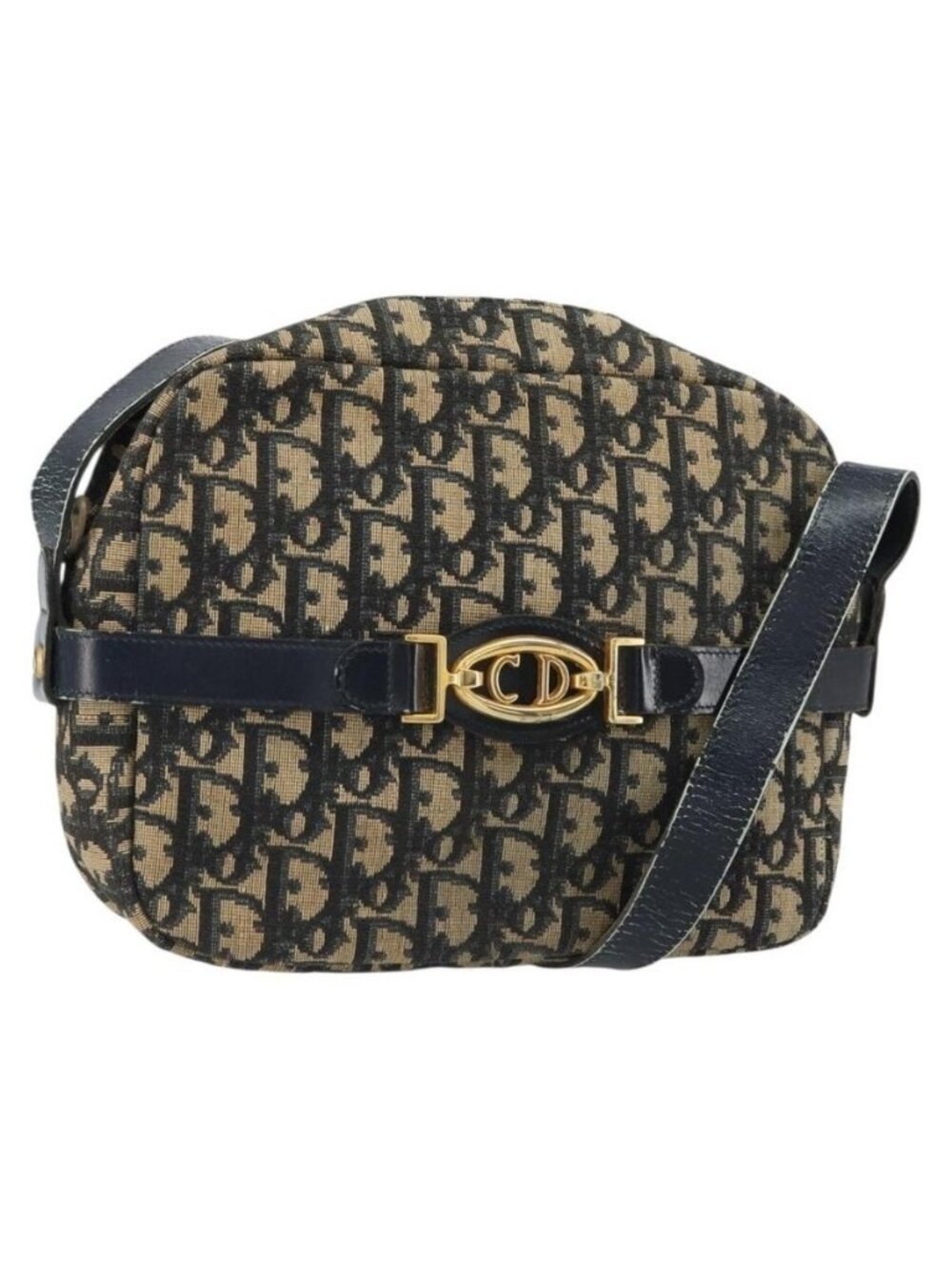 Authentic Christian Dior Trotter Canvas Shoulder Bag Navy Gold